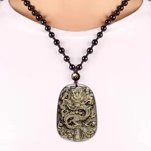 Wholesale Natural Golden Obsidian Carving Dragon Lucky Amulet Pendant Necklace For Women Men pendants