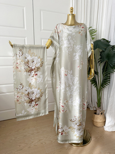 エレガントなボヘミアンフローラルプリントカフタンドレス（女性用）- ラウンドネックのゆったりとしたミドル丈ローブ - Product Image 1