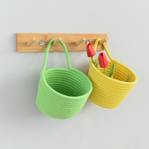 Woven Storage <b>Basket</b> Round Hanging Wall Mountable For Cosmetics Toys <b>Small</b> Household Use Blue Gray White Brown - Product Image 3
