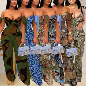 Mono de mujer con estampado de pintura al óleo, hombros descubiertos, pierna ancha, elástico de spandex, pantalón largo, conjunto casual de moda - Product Image 4