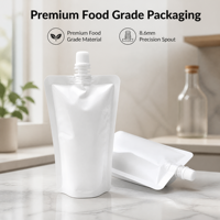 Pochette souple blanche de 250 ml avec bec verseur, personnalisable avec logo, de qualité alimentaire, écologique, pour l'emballage de jus, boissons et liquides.