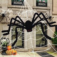 CJYGEGE Toile d'araignée géante 5m x 1.5m, décorations d'Halloween extérieures en toile d'araignée noire extensible, à piles AA, avec éléments métalliques