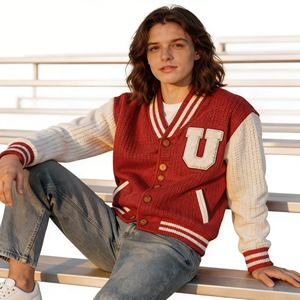 Suéter Cárdigan Universitario Rojo y Blanco BSCI/WRAP, Parche de Letras de Chenilla, Estilo Retro Universitario Unisex Vintage de Béisbol - Product Image 1