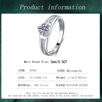 Bague en Moissanite Fine 0,5 CT, Bijou Pur en Argent Sterling 925, Coupe Ronde Brillante, Bague de Mariage Tendance en Moissanite pour Femme