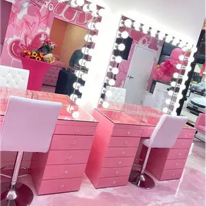 Pink Salon Equipment Styling Station Mirror Table Hairdressing Mirror With Led