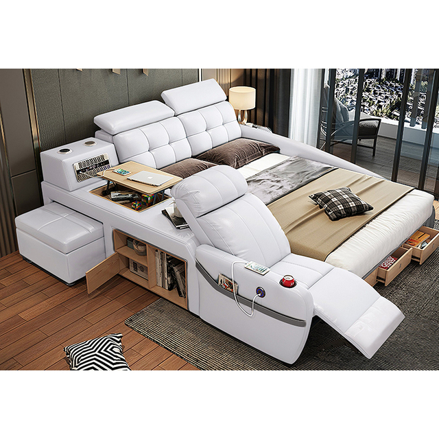 Hot Sale Modern Luxury Leather Smart Bed Massage Function Multifunction Storage Music Speaker Tatami King Size Platform