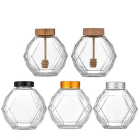 Pot à miel en verre avec cuillère en bois et couvercle en bambou, récipient de rangement pour le miel, idéal pour la cuisine et la table