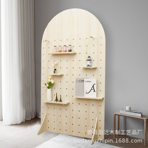 Wooden Arched Pegboard Screen Standing Partition Multifunctional Storage Shelf For Entryway Room Divider - Product Image 4
