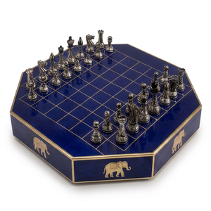 Blue Modern <b>Wooden</b> <b>Chess</b> <b>Set</b> Animal Theme Metal <b>Chess</b> Pieces Strategy Game Tabletop Gift for Adults Kids Handmade Customized - Product Image 1