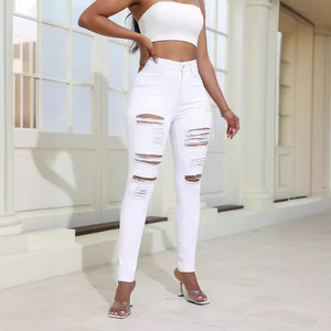 Otoño nuevas mujeres Sexy cintura alta agujero elástico rasgado blanco y negro pantalones vaqueros estilo lápiz - Product Image 2