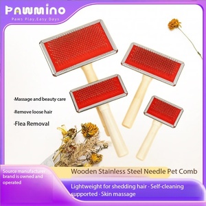 Peigne de toilettage Pawmino pour animaux de compagnie, aiguilles en acier inoxydable, manche en bois, brosse pour l'entretien des poils doux des chiens - Product Image 2