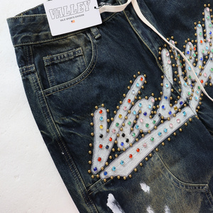 VALEE FOREVERS <span class=keywords><strong>Jean</strong></span> <span class=keywords><strong>Baggy</strong></span> Brodé de Strass, Denim Noir Délavé et Vieilli Style Streetwear <span class=keywords><strong>Vintage</strong></span> - Product Image 3