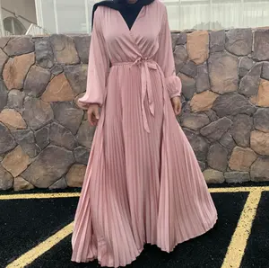 Di lusso di Abbigliamento Islamico Eid Involucro di Colore Solido A Maniche Lunghe Maxi Vestito Da Estate Modest Raso di Usura Vestito Abaya per le Donne Musulmane