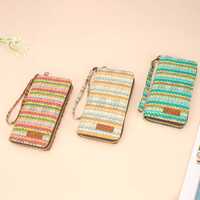 Dompet Panjang Warna Permen Manis Boho Dompet Anyaman Kapasitas Besar Tempat Kartu Dompet Uang Koin Tali Pergelangan Tangan Tas Clutch Resleting