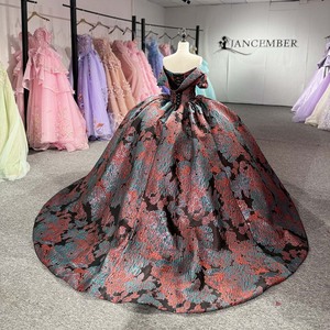 Robe de bal en brocart métallique Dy1537, magnifique robe de Quinceañera en jacquard plissé gris anthracite, rose doré et vert sarcelle, Jancember - Product Image 5