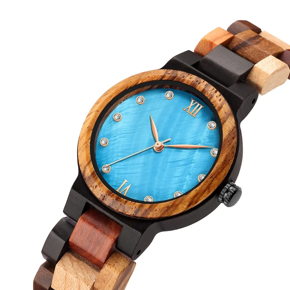 Reloj de madera hecho a mano para mujer, sin logotipo, personalizado, Oem, diamante, esfera de Perla Azul, colorido