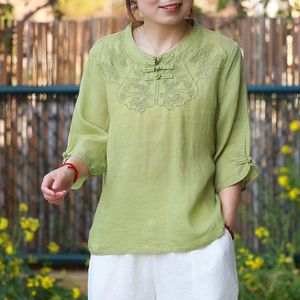 Traditional Chinese Women's Blue Embroidered Linen Top With Chinese Buttons Summer T-Shirt - Product Image 2