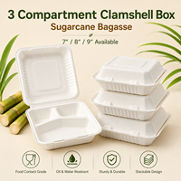 Boîte à clapet tendance en bagasse compostable et durable à 3 compartiments, conteneur biodégradable à charnière pour la restauration et le traiteur