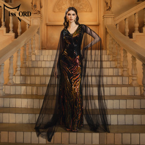 Mantella manica sirena <span class=keywords><strong>nero</strong></span> <span class=keywords><strong>paillettes</strong></span> lunghi eleganti abiti da sera di lusso per le donne - Product Image 4