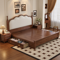 Neues Chinesisches Vintage Massivholz-Queensize-Bett mit Schubladenstruktur, Gepolstertes Kopfteil Zapfenfugen-Plattformbett für Schlafzimmer