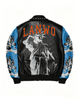 Veste de basketball OEM personnalisée en similicuir bicolore avec fermeture éclair intégrale, col à clous, broderie chenille, appliqué, poche passepoilée et poignets côtelés