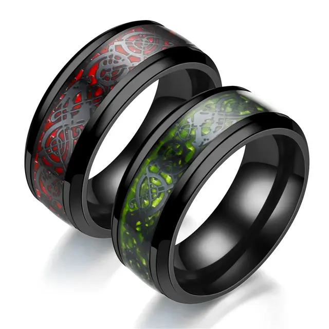 Anel de fibra de carbono, anel moderno masculino nobre azul e vermelho com dragão
