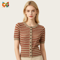 Cárdigan de punto de manga corta a rayas con ribete festoneado para mujer CG Custom, top de punto corto calado con ajuste ceñido a la cintura y diseño hueco.