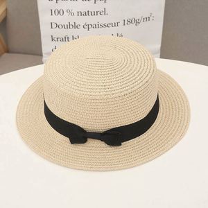 Wholesale Summer Children Beach <b>Hats</b> Sunshade Sun protection <b>Flat</b> Top Kids Straw <b>Hat</b> With Ribbon - Product Image 4