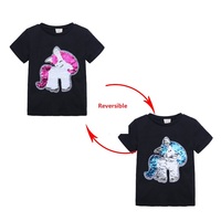 T-shirt à manches courtes pour filles, vêtements en coton pour bébés, hauts à changement de couleur, vêtements magiques réversibles à paillettes, t-shirts pour enfants