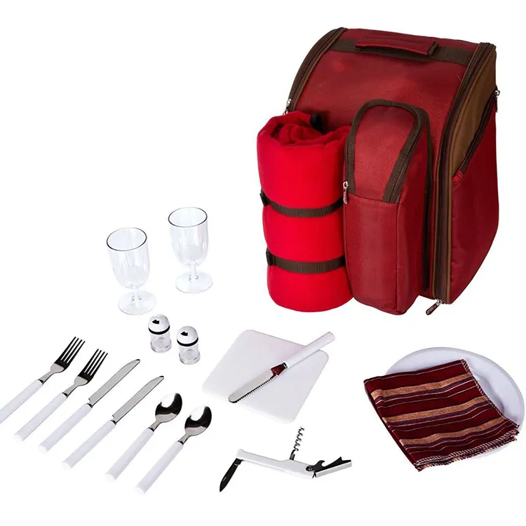Red Picnic Backpack 2 Person Picnic Bags Set With Cooler Pockets Outdoor BBQ Carry Food Bags For Hiking Camping
