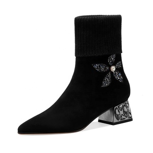 Moncheer-Botines de punto para mujer, botines de tacón de cristal con flores de ante para otoño e invierno, venta al por mayor, OEM y ODM - Product Image 4