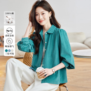 Cotton Corduroy Long-Sleeved <strong>Shirt</strong> <strong>for</strong> <strong>Women</strong> Spring and Autumn New Pleated Lapel Button Cardigan Shoulder Top - Product Image 2