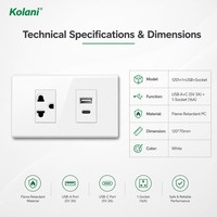 Enchufe de Pared Modular Doble de Cobre Kolani 120, Mini Tomacorriente Oculto de 3 Pines + Módulo de Carga Rápida USB Tipo-C, Resistente a Manipulaciones