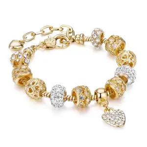 Bracelet serpent plaqué or 18K, chaîne en cristal, strass, breloques en boule creuse, pendentif en forme de cœur, pièces