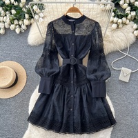 Robe décontractée élégante pour femmes, coupe trapèze, dentelle ajourée, broderie, manches longues, avec ceinture, pour tous les jours