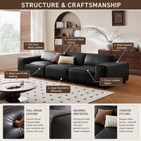 Canapé d'angle en cuir véritable italien minimaliste, design bloc de tofu noir, rembourré, écologique, pour un intérieur moderne
