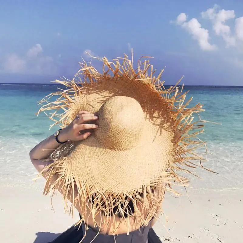 Mũ Rơm Raffia Rộng Vành Lớn Tự Nhiên Dệt Vành Tròn Fringe Beach Hat Mùa Hè Rỗng Ra Mũ Rơm Lớn