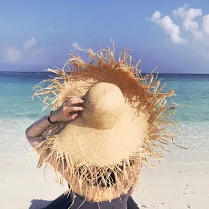 Шляпка из рафии с широкими полями, плетеная пляжная Панама с круглыми бахромой, с прорезями, летняя