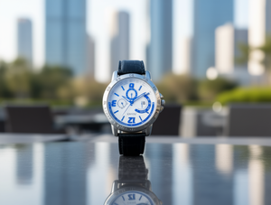 Montre à quartz pour homme Nava, boîtier en acier inoxydable de 43 mm, bracelet en cuir, chronographe, cadran analogique, accents bleus, style décontracté - Product Image 2