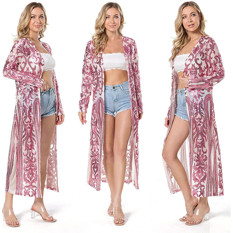 Pink sequin long duster blazer jacket