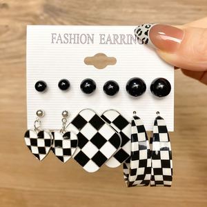 Vintage Love Geometric Checkerboard Drop <b>Earrings</b> Set for Women Fashion <b>Black</b> White Lattice Heart <b>Stud</b> <b>Earring</b> Jewelry - Product Image 5