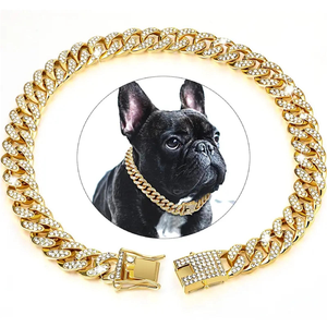 Chaîne pour animaux de compagnie de 25 cm et 75 cm, style Hot Dog Cuban Link, avec strass en diamant AAA, en alliage or et argent, collier et accessoires pour animaux de compagnie, vente en gros - Product Image 1
