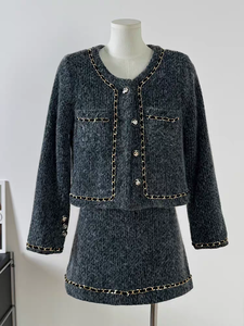 Completo Blazer Tweed corto floreale e minigonna da donna completo Casual 2 pezzi <span class=keywords><strong>con</strong></span> decorazione in <span class=keywords><strong>pizzo</strong></span> a lunghezza corta - Product Image 6