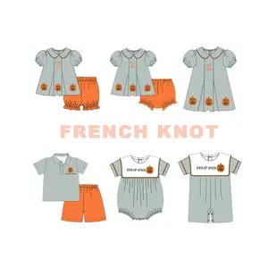 Halloween custom baby girl outfit fall winter kids wear pumpkin embroidery baby girl clothing