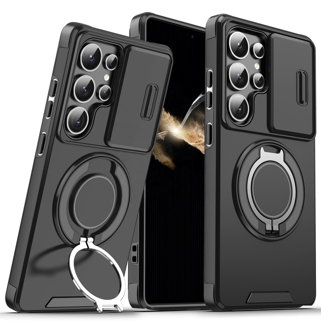 OMEVE Magnetic Case for Samsung Galaxy S25 Ultra S24 Ultra S23 FE S22 Ultra S21 Slide Camera Cover Shockproof Ring Stand Case