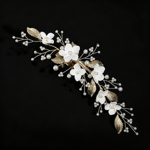 Handmade Polymer Clay Flower Bridal <strong>Hair</strong> Clip Gold Alloy Leaf Pearl Wedding <strong>Hair</strong> <strong>Piece</strong> Elegant <strong>Bridesmaid</strong> Headpiece Jewelry - Product Image 4