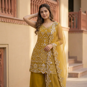 Ensemble Salwar Kameez ethnique pour femme, broderie lourde, avec Dupatta et Palazzo, tenue de mariage et de fête, haut court tissé coupe ample - Product Image 2