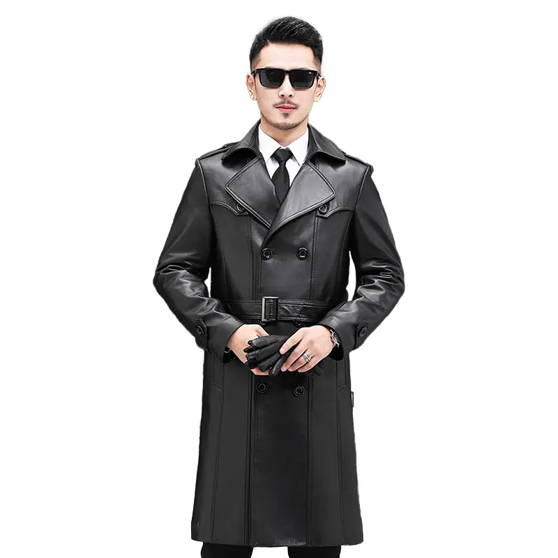 Mens Belted Closure Brown Leather Trench Long Cattlehide Leather Coat For Leather