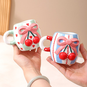 Creative Embossed 3d Cherry Ceramic Coffee Cup Cute Bow Tie Ceramic Mug for Girls - Product Image 2
