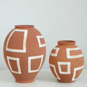 Vintage Orange Ceramic <b>Vase</b> <b>Set</b> Rustic Retro Flower Pattern for Home Decor and Flower Arrangement Antique Style - Product Image 1